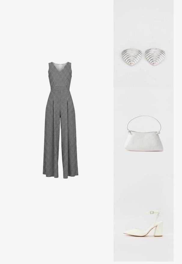 Combinaison sans manches à jambes larges avec motif pied-de-poule noir et blanc, col en V et taille cintrée.; Sandale blanche à talon avec un bout pointu, sangle de cheville réglable et un talon carré épais. Texture lisse avec des détails de couture minimaux.; Sac à main en cuir tressé blanc avec poignée arrondie et extrémités de lanière nouées, présenté sur un fond uni.; Boucles d'oreilles en argent avec un design ondulé et texturé, en forme de croissants superposés ; la finition polie accentue les qualités réfléchissantes.
