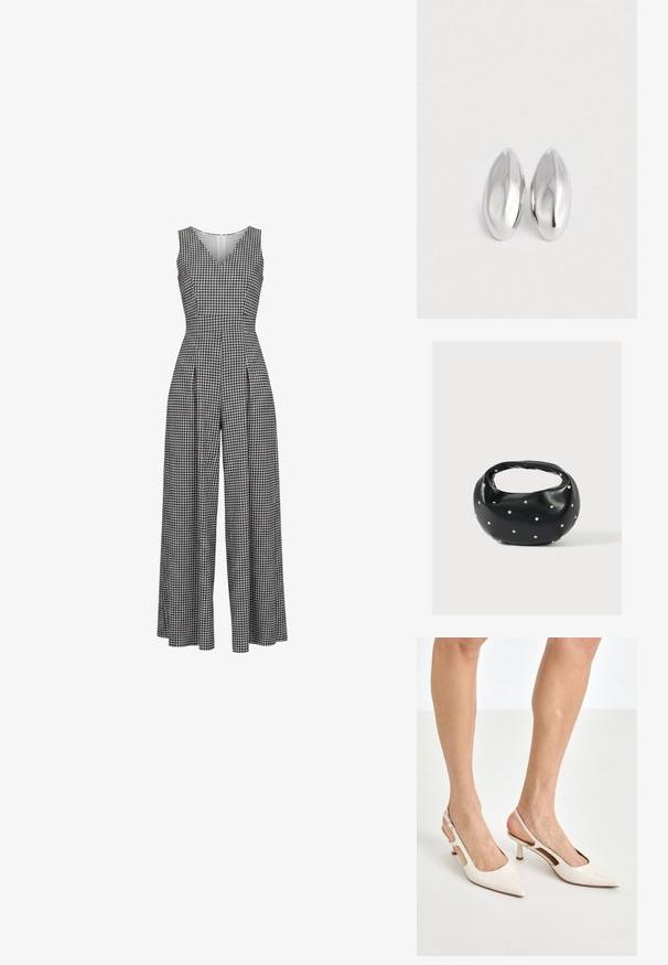 Combinaison sans manches à jambes larges avec motif pied-de-poule noir et blanc, col en V et taille cintrée.; Escarpins à talon slingback en cuir verni beige avec un bout pointu et un talon de 5 cm, présentant des côtés découpés et une fine bride à la cheville.; Sac à main en cuir noir de forme arrondie, décoré de clous argentés et équipé d'une poignée courte. Texture lisse et fermeture éclair.; Paire d'objets ovales en argent luisant et lisse disposés côte à côte sur un fond blanc uni.