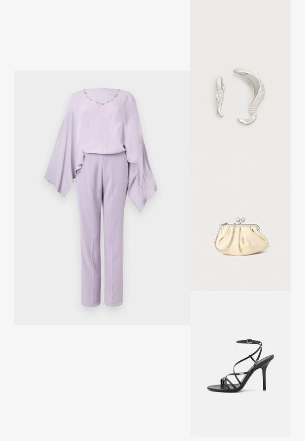 Blouse lilas à manches larges avec détail de collier de perles dorées, associée à un pantalon droit taille haute sur fond blanc.; Sandale noire à talons hauts avec des brides fines, une boucle à la cheville, une surface en cuir lisse et un talon aiguille élancé.; Pochette en cuir beige plissé avec un cadre en métal argenté, dotée de deux fermoirs ronds décoratifs et d'une chaîne en argent.; Deux boucles d'oreilles argentées courbées, l'une plus grande que l'autre, toutes deux ornées de petits cristaux scintillants le long d'un bord.