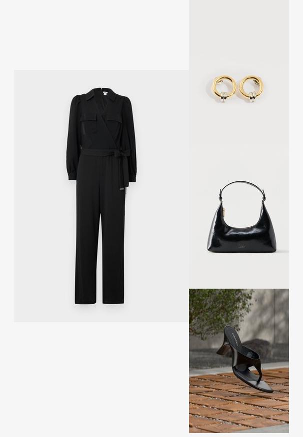 Sort indpaknings-jumpsuit med lange ærmer, to brystlommer, en bindebælte i taljen og brede bukser. Glat stof med skræddersyet design.; Sort Calvin Klein hæl-sandal med åben tå, der svæver over en udendørs flisebelagt overflade med grønne planter og en betonvæg i baggrunden.; Sort blank Calvin Klein håndtaske med gyldent lynlås og kort rem mod en ensfarvet hvid baggrund.; Guld cirkulære øreringe med to små sølv-ringe på hver, der viser subtile indgraverede mærkenavne detaljer, sat på en hvid baggrund.