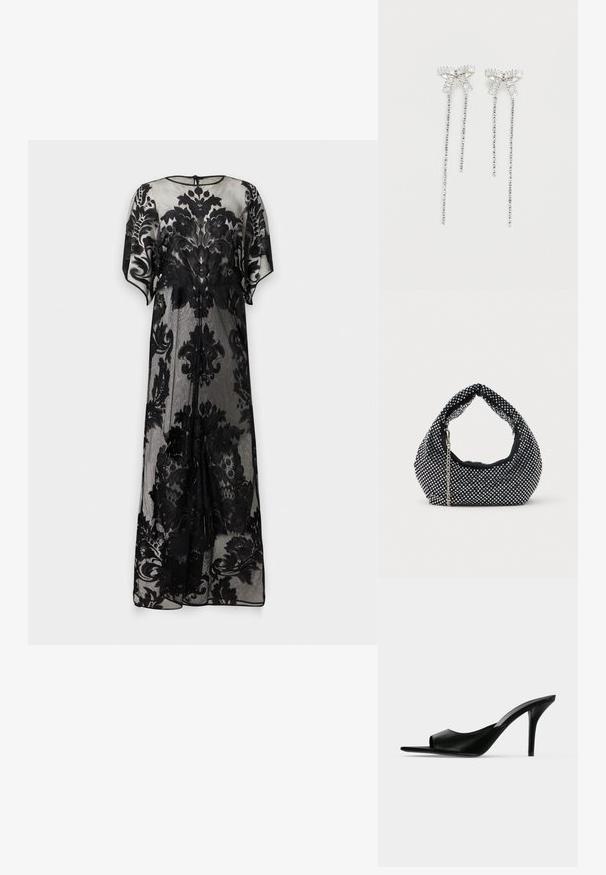 Long sheer black dress with floral lace patterns, short sleeves, and a round neckline with a small back button closure.; Black leather open-toe high-heeled mule with a slim stiletto heel, shown in side profile on a plain background.; Black mesh handbag adorned with silver studs, featuring a curved handle and a chain strap. Soft texture with a rounded shape.; Long silver earrings featuring a cluster of rhinestones at the top and trailing strands of smaller rhinestones hanging below.