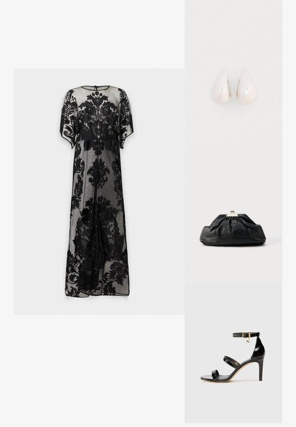 Longue robe noire transparente avec des motifs en dentelle florale, manches courtes et un col rond avec une petite fermeture par bouton dans le dos.; Sandale en cuir verni noir avec trois brides, boucle de cheville et talon aiguille de 10 cm. Présente un détail en métal doré et un charm logo.; Pochette en cuir noir avec une texture plissée, fermeture à fermoir métallique, et logo embossé discret sur le devant. Forme arrondie.; Boucles d'oreilles en métal argenté en forme de goutte, avec une surface lisse et réfléchissante, présentant un design sans couture et sans embellissements visibles.