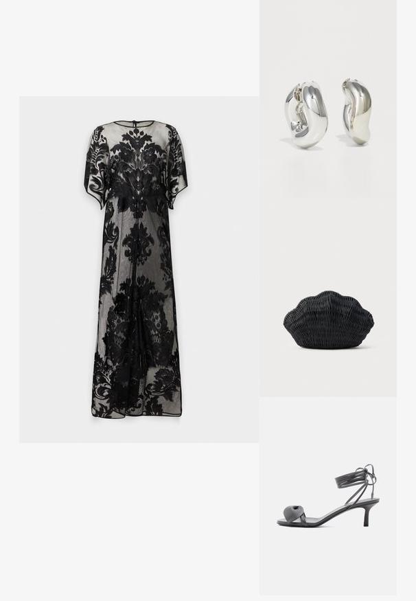 Longue robe noire transparente avec des motifs en dentelle florale, manches courtes et un col rond avec une petite fermeture par bouton dans le dos.; Sandale à talon en cuir gris avec une bride nouée sur les orteils et des lacets enroulants autour de la cheville, sur un talon moyen et fin, sur fond blanc.; Sac à main en osier noir en forme de coquille Saint-Jacques avec un dessus courbé et une texture tressée sur un fond uni.; Boucles d'oreilles sculpturales en argent avec des formes douces et courbes et des surfaces réfléchissantes. Présentent un design de boucle fermée et une forme organique distincte.