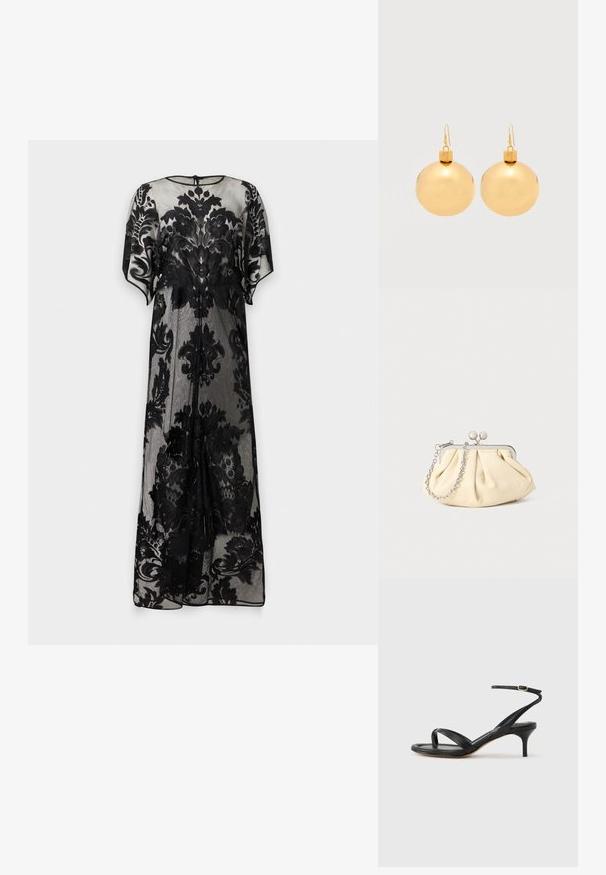 Long sheer black dress with floral lace patterns, short sleeves, and a round neckline with a small back button closure.; Black leather women's sandal with thin straps, a toe loop, ankle buckle, and a mid-height stiletto heel on a neutral background.; Pleated beige leather clutch with a silver metal frame, featuring two round decorative clasps and a silver chain strap.; Pair of shiny gold Christmas bauble earrings with hook fastenings on a plain white background.
