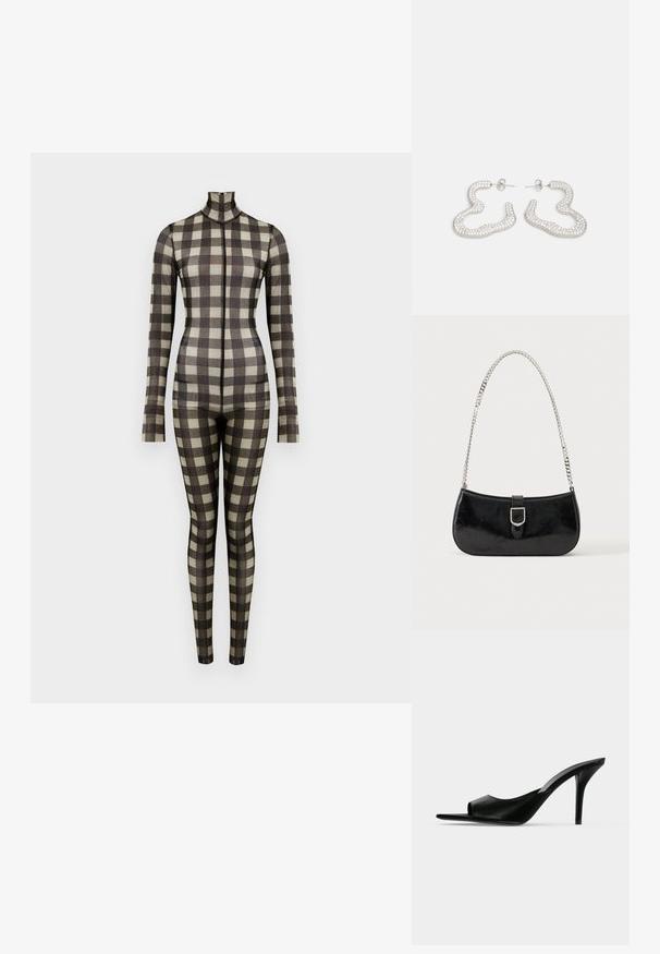 Langärmeliger Bodysuit mit Karomuster, featuring einen hohen Kragen und eine taillierte Silhouette, hergestellt aus einem glatten Stoff in neutralen Tönen.; Schwarzer Leder-Pantolette mit offenem Zehenbereich und hohem, schlankem Stiletto-Absatz, im Seitenprofil vor neutralem Hintergrund gezeigt.; Schwarze Schultertasche aus Lackleder mit silberner Schnalle und silbernem Kettenriemen, auf hellem einfarbigen Hintergrund präsentiert.; Ohrringe aus Silberton mit einem gewellten, abstrakten Design, verziert mit kleinen, funkelnden Kristallen. Sichere Steckverschluss.