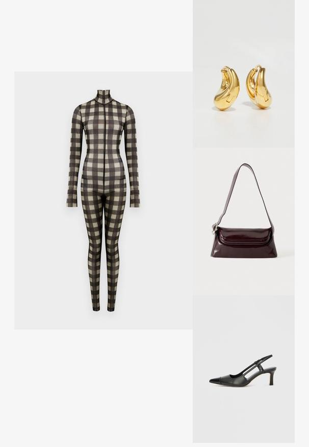 Langärmeliger Bodysuit mit Karomuster, featuring einen hohen Kragen und eine taillierte Silhouette, hergestellt aus einem glatten Stoff in neutralen Tönen.; Schwarzer Slingback-Schuh aus Leder mit spitz zulaufender Zehenpartie, versehen mit glänzendem Akzent auf der Vorderkappe und mittelhohem Absatz. Offenes Seitendesign.; Dunkel bordeauxrote Leder-Schultertasche mit Klappenverschluss und einem schmalen verstellbaren Riemen, präsentiert auf einem schlichten hellen Hintergrund.; Goldene Creolen mit einer glatten, geschwungenen Form und polierter Oberfläche. Mit einem Verschlussmechanismus und leichten Einkerbungen für Details.