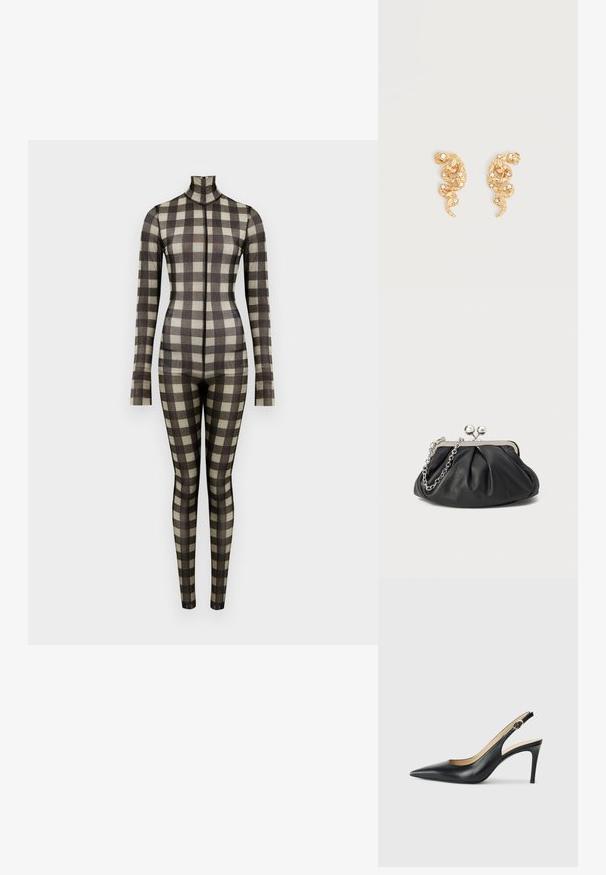Langærmet bodysuit i et ternet mønster, med høj hals og tætsiddende silhuet, lavet af et glat stof i neutrale nuancer.; Sorte læder slingback højhælede sko med spids tå, justerbar rem og en slank stiletto hæl, der har en glat finish.; Sort læder clutch med samlet tekstur, sølvfarvet metalramme, kys-lås lukning og kædestrop. Glat, blød overflade.; Øreringe i guldfarve formet som slanger, pyntet med små klare krystaller på en ensfarvet lys baggrund.