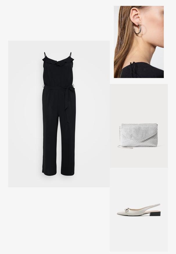 Sort jumpsuit med spaghetti-stropper, flæset halsudskæring, taljebånd og bred ben-design. Fremstillet af letvægtsstof med en glat tekstur.; Hvide læderslingback-sko med spids tå, sølvspænde og lav sort blokhæl. Glat tekstur og minimalistisk design.; Sølv mesh aftenclutch med konvolutklap og tynd kæderem på ens hvid baggrund.; Sølv hoop ørestik med en poleret overflade, prydet med små guld accenter og en rund form, båret på øreflippen.