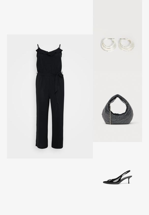 Sort jumpsuit med spaghetti-stropper, flæset halsudskæring, taljebånd og bred ben-design. Fremstillet af letvægtsstof med en glat tekstur.; Sorte laklæder slingback hæle med spidse tæer og en blank finish. Har en slank hæl og en rund detalje ved vampen.; Sort mesh håndtaske prydet med sølvnitter, udstyret med et buet håndtag og en kædetraspe. Blød tekstur med en rund form.; Sølv hoop øreringe med tre lagdelte halvcirkelformede bånd, hvoraf det ene er udsmykket med små klare krystaller på en lys baggrund.