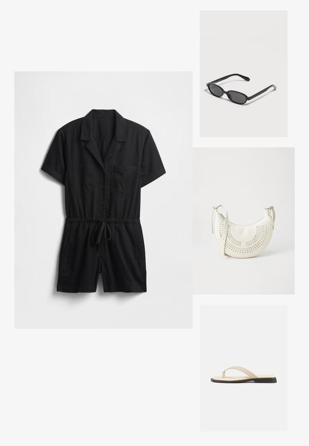 Zwarte jumpsuit met korte mouwen van lichtgewicht stof, voorzien van een kraag, knopen aan de voorkant, twee borstzakken en een verstelbare taille met trekkoord.; Beige platte teenslipper met gevoerd voetbed en zwarte zool, zijaanzicht op witte achtergrond.; Zwarte ovale zonnebril met donkere glazen en dunne monturen die op een lichte ondergrond ligt.; Witte vegan leren schoudertas met een geperforeerd cirkelontwerp, verstelbare schouderriem en gegraveerd logo op de voorkant. Ritssluiting aan de bovenkant.