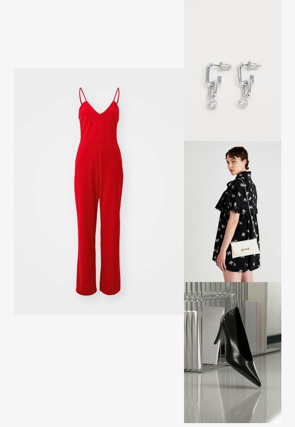 Rød jumpsuit med v-hals, tynde stropper og flagrende ben; lavet af glat stof med en tætsiddende overdelsdel og elastisk talje.; Sort højhælet sko med spids tå og guldlogo, placeret på en reflekterende overflade nær en krom trådfilholder med dokumenter.; Sort kjole med hvide sløjfe mønstre, korte ærmer, flæser ved skuldrene. Hvid clutch med guldkæde og lukning, holdt i højre hånd.; Sølv metal øreringe med sammenkædede kædedesign og en klar sten accent nederst. Blank finish og stud backing.