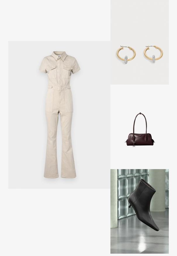 Good American FIT FOR SUCCESS BOOT - Ολόσωμη φόρμα - taupe; Μαύρο δερμάτινο μποτάκι με μυτερή μύτη και μικρό τακούνι, παρουσιάζεται μπροστά σε τοίχο από γυάλινα τετράγωνα και γυαλισμένο δάπεδο.; Σκούρα καφέ δερμάτινη τσάντα Calvin Klein με μακριές διπλές λαβές και ένα μικρό κρεμαστό λογότυπο κρεμασμένο από μία λαβή.; Ζευγάρι σκουλαρίκια κρίκοι σε χρυσό τόνο με μικρή ασημένια λεπτομέρεια σε κάθε έναν, εμφανίζονται πάνω σε ανοιχτό γκρι φόντο.