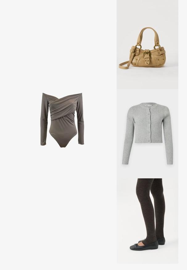 Off-shoulder ensfarvet badetøj i olivengrøn med lange ærmer, draperet front og glat, strækbart stof.; Grå ribbet cardigan med lange ærmer, knapfront og rund halsudskæring. Har en cropped design og blød tekstur.; Ben iført mørke ribbede leggings kombineret med sorte balletsko med små sløjfedetaljer på hvid baggrund.; Beige læderhåndtaske med dobbelte håndtag, messing spænde og nitte detaljer samt en justerbar skulderrem mod en hvid baggrund.