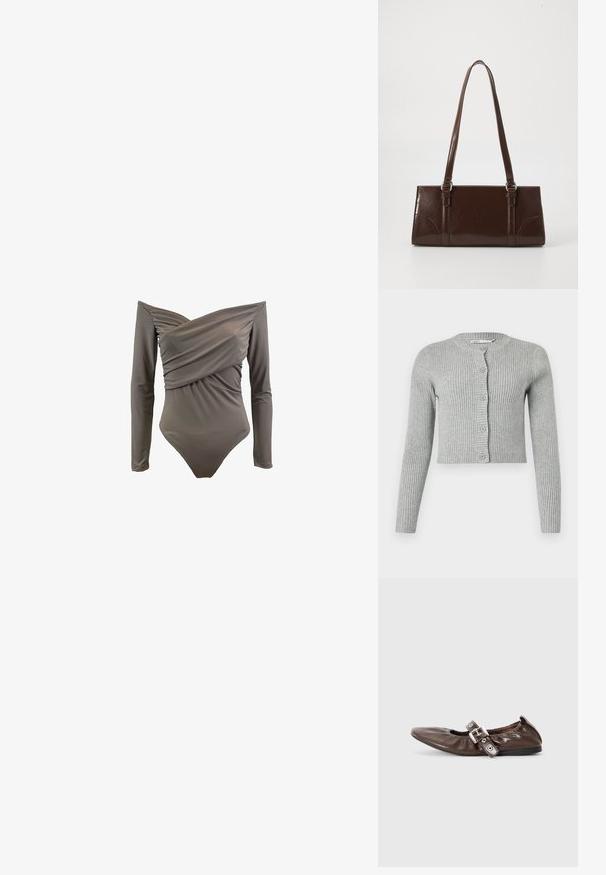 Off-shoulder ensfarvet badetøj i olivengrøn med lange ærmer, draperet front og glat, strækbart stof.; Grå ribbet cardigan med lange ærmer, knapfront og rund halsudskæring. Har en cropped design og blød tekstur.; Brun lakeret flad sko med spids tå, elastisk sløjfedetalje og en sølvspændeaccent på siden. Sort gummisål.; Brun lakeret håndtaske med rektangulær form, to lange håndtag og subtile buede detaljer på fronten.