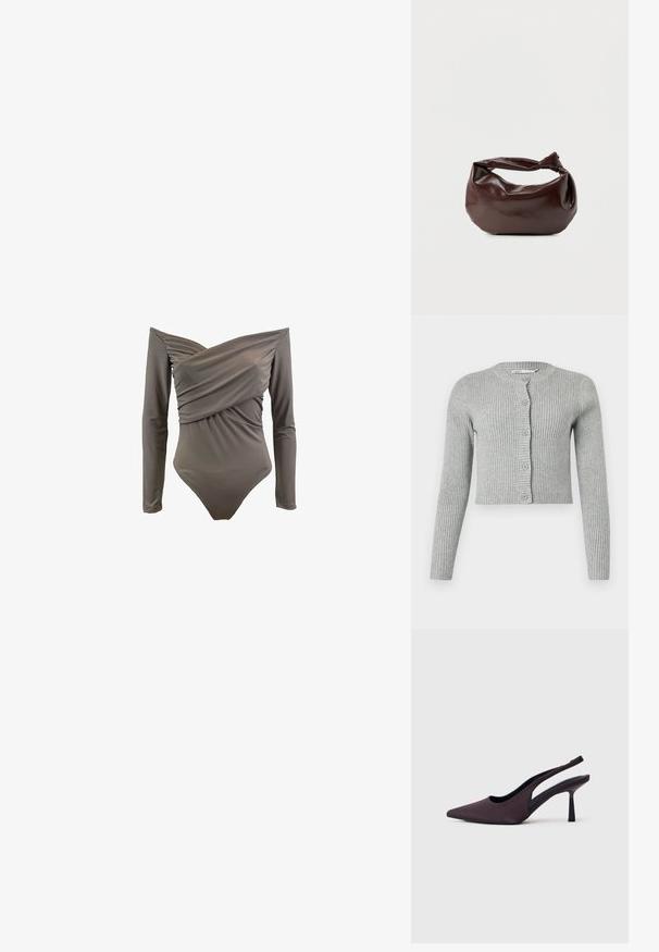 Off-shoulder ensfarvet badetøj i olivengrøn med lange ærmer, draperet front og glat, strækbart stof.; Grå ribbet cardigan med lange ærmer, knapfront og rund halsudskæring. Har en cropped design og blød tekstur.; Slingback sko med hæl i mørk lilla stof. Spids tå-design, åbne sider og en slank, firkantet hæl. Glat tekstur.; Mørkebrun læder skuldertaske med en blød, afslappet form og et snoet knudehåndtag på en ensartet hvid baggrund.