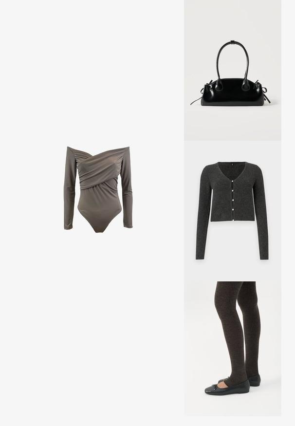 Ολόσωμο μαγιό off-the-shoulder σε ελιά, με μακριά μανίκια, ραμμένο μπροστά και λείο, ελαστικό ύφασμα.; Σκούρο γκρι ριπ κάρντιγκαν με μακριά μανίκια, V-λαιμόκοψη και έξι διακοσμητικά κουμπιά από μαργαρίτα κατά μήκος του μπροστινού μέρους. Κοντή μήκος.; Πόδια με σκουρόχρωμα ριμπ κολάν συνδυασμένα με μαύρα μπαλαρίνα παπούτσια με μικρές λεπτομέρειες φιόγκων σε λευκό φόντο.; Μικρή μαύρη γυαλιστερή τσάντα με δύο μακριές λαβές και λεπτομέρειες με ρυθμιζόμενο κορδόνι στο πλάι σε απλό ανοιχτό φόντο.