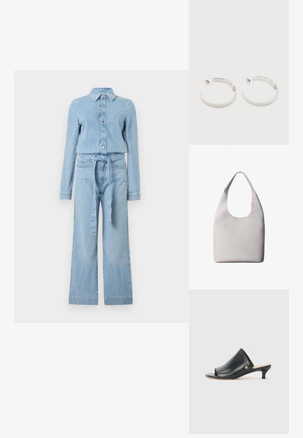 Combinaison en denim bleu clair à manches longues, fermeture boutonnée sur le devant, col pointu, jambes larges, et ceinture en tissu assorti nouée à la taille.; Mules ouverts en cuir noir avec un talon bas. Présentent une surface lisse et un accent logo doré sur le côté.; Sac fourre-tout en cuir blanc avec une bandoulière unique, texture douce et logo discret Calvin Klein près du centre en bas.; Boucles d'oreilles demi-cercles ton argent avec texture striée et fermoirs à pression sur fond blanc.