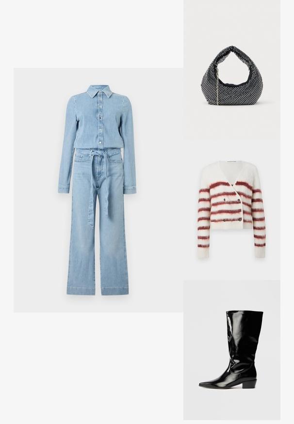 Combinaison en denim bleu clair à manches longues, fermeture boutonnée sur le devant, col pointu, jambes larges, et ceinture en tissu assorti nouée à la taille.; Cardigan raccourci en tissu blanc duveteux avec des rayures horizontales bordeaux, doté d'un col en V et d'une fermeture à double bouton. Manches et ourlet côtelés.; Botte noire en cuir verni, montée jusqu'au genou, avec un bout pointu, un talon légèrement effilé et une finition lisse et brillante.; Sac à main en maille noire orné de clous en argent, avec une poignée incurvée et une bandoulière en chaîne. Texture douce avec une forme arrondie.