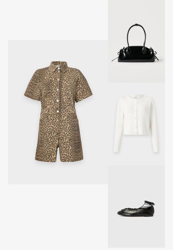 Leopardprint kort jumpsuit med korte ærmer, knaplukning og to forlommer. Fremstillet af et blødt stof med en subtil tekstur.; Hvid cardigan lavet af blødt, tekstureret stof. Har en rund halsudskæring, lange ærmer og seks perle-lignende knapper ned langs fronten.; Sorte balletflade sko i laklæder med rundet tå, snørelukning og flad sål. Glat tekstur med få detaljer.; Lille sort blank håndtaske med to lange håndtag og snøre-detaljer i siden på en ensfarvet lys baggrund.