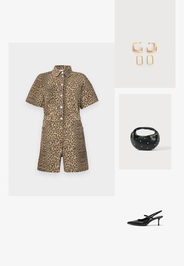 Leopardprint kort jumpsuit med korte ærmer, knaplukning og to forlommer. Fremstillet af et blødt stof med en subtil tekstur.; Sorte læder slingback hæle med spids tå, slank justerbar rem og en stiletto hæl på cirka 5 cm, glat tekstur.; Sort læderhåndtaske med en rundet form, dekoreret med sølvnitter, og et kort håndtag. Glat tekstur og lynlåslukning.; To par guldfarvede geometriske hoop-øreringe på en ensfarvet hvid overflade, et par firkantede og solide, et par rektangulære og hule.