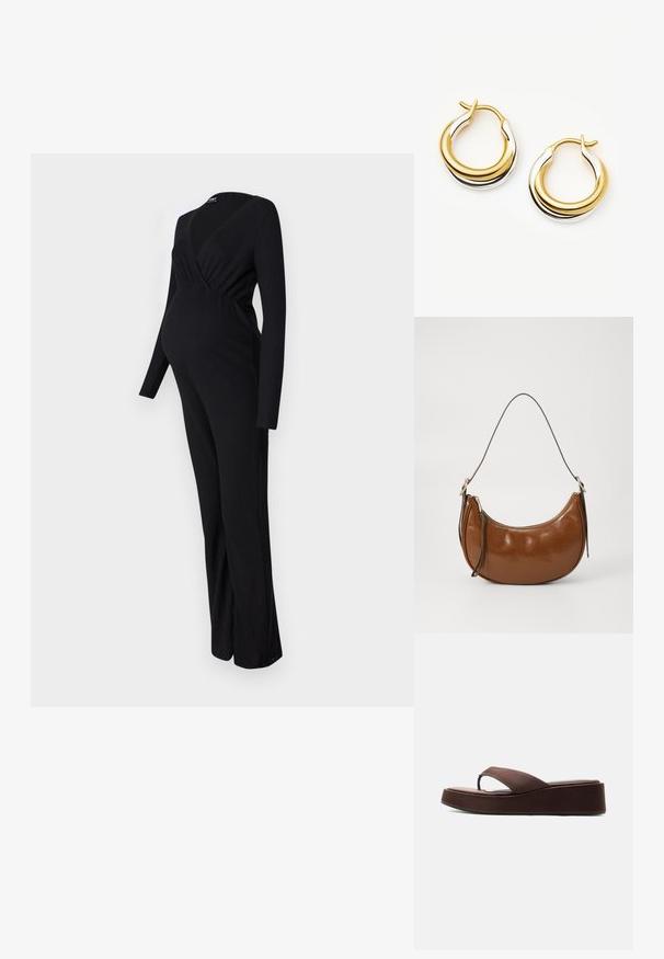 ONLY MATERNITY OLMLITA EMMA - Ολόσωμη φόρμα - black; Καφέ σανδάλι τύπου φλιπ-φλοπ με παχιά σόλα και φαρδιά λωρίδα πάνω από τα δάχτυλα σε λευκό απλό φόντο.; Καφέ ψεύτικη δερμάτινη τσάντα με καμπυλωτό σχέδιο, κλείσιμο με φερμουάρ και μία καφέ ζώνη. Λείος υφή με γυαλιστερή επιφάνεια και ελάχιστο μεταλλικό υλικό.; Missoma LUCY WILLIAMS CHUNKY - Σκουλαρίκια - silver-coloured/gold-coloured