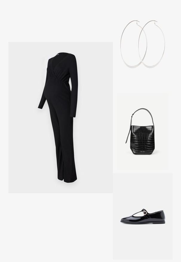 ONLY MATERNITY OLMLITA EMMA - Buksedragter - black; Sort laklæder Mary Jane-sko med rundet tå, T-rem og gyldent cirkulært hardware-detalje, flad sål og glat skinnende finish.; Sort spandtaske i krokodillepræget læder med enkelt skulderrem og lille sølvfarvet mærkelogo foran nederst i midten.; Sølv hoops øreringe med et tyndt, glat design; langstrakt oval form; poleret finish; har en sikker krog lukning.