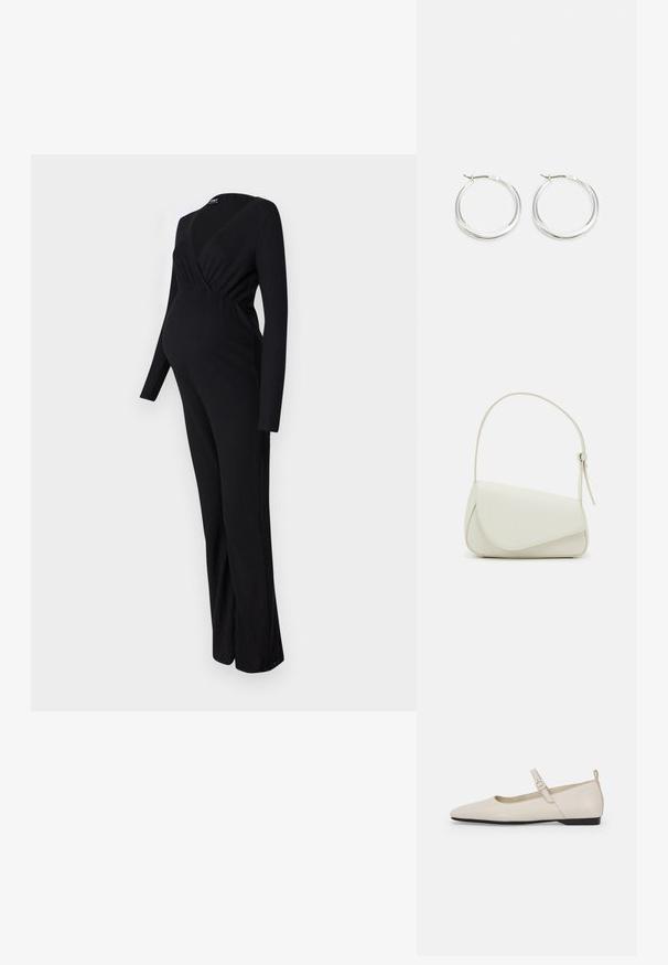 ONLY MATERNITY OLMLITA EMMA - Buksedragter - black; Hvide ballerinasko i læder med spids tå, ankelsnor og lav sort hæl. Glat tekstur med minimale detaljer.; Hvid taske i faux læder med en struktureret trekantet form, enkelt justerbart skulderstrop og en flaplås med kurver.; Sølv hoops øreringe har et glat, afrundet design med en slank profil og sikker spænde. Minimalistisk stil med en poleret finish.