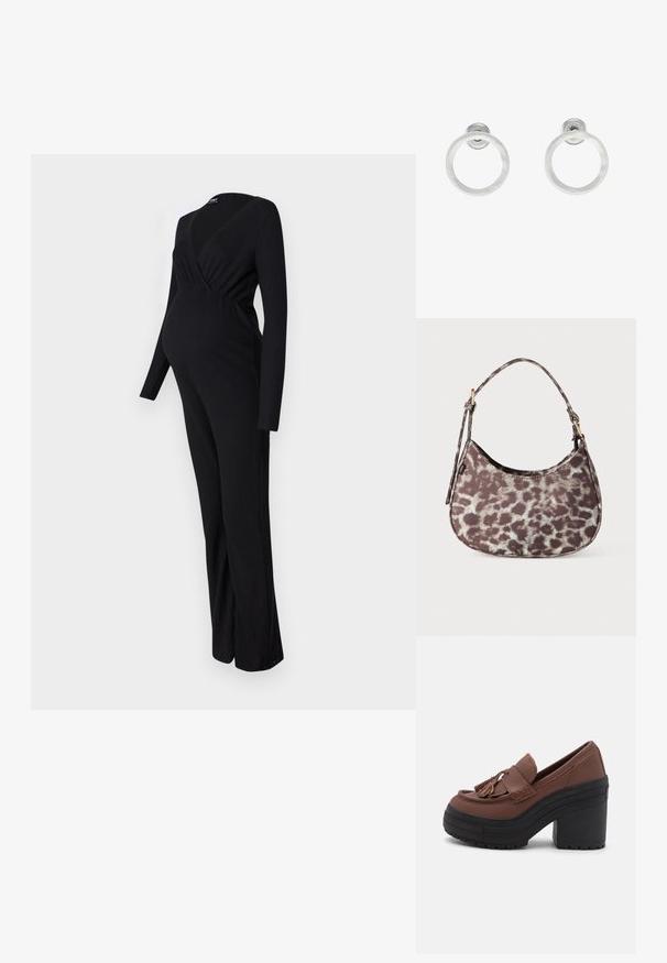 ONLY MATERNITY OLMLITA EMMA - Buksedragter - black; Brune platform loafers med rund tå, frynsede detaljer, syede dekorationer, og en tyk sort gummihæl med en tekstureret sål.; Lille håndtaske med mørkebrun og lys beige dyreprintmønster samt kort skulderrem på hvid baggrund.; Sølvmetalløreringe med en børstet tekstur, der har et cirkulært design og en klar post til sikker bæring.