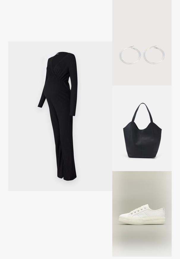 ONLY MATERNITY OLMLITA EMMA - Buksedragter - black; Hvid lavtop sneaker med tyk ribbet sål, snørelukning foran og trækflap på hælen mod en neutral baggrund.; Sort tote taske lavet af glat læder, med en buet, åben top, to skulderstropper og et minimalistisk design.; Par skinnende sølvøreringe med tynde trådlåse, vist på en lys grå baggrund.