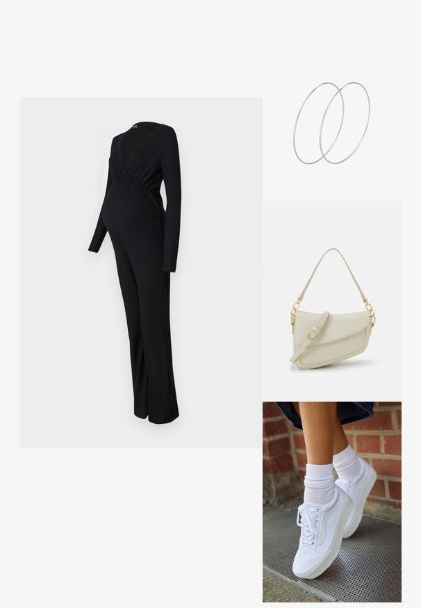 ONLY MATERNITY OLMLITA EMMA - Buksedragter - black; Hvide lærreds sneakers med gummisåler, der har seks snørehuller, rund tå og let sømdetaljer, krydret med hvide ankelstrømper.; Lille cremehåndtaske med tekstureret overflade, en lang justerbar rem, en kædeaccent og flaplukning. Detaljer i guldhardware.; Sølvøreringe med et minimalistisk design. Cirkulær form, glat tekstur og tynd profil. Letvægtige med en poleret overflade.