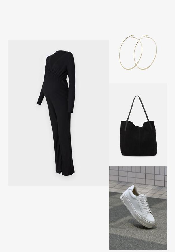 ONLY MATERNITY OLMLITA EMMA - Buksedragter - black; Hvide lædersneakers med lavt design, flade snører, rund tå og strukturerede sider. Tyk gummisål med diskrete detaljer.; Sort ruskinds totemed med to lange, flade læderremme. Har en buet topkant og synlige stikninger langs forsiden. Ingen hardware-dekorationer.; Pilgrim Øreringe - gold-coloured