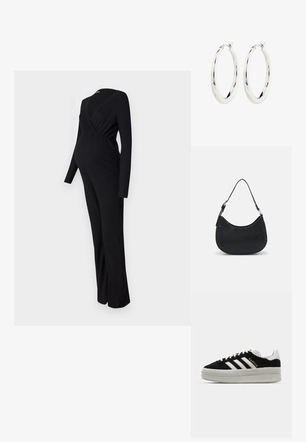 ONLY MATERNITY OLMLITA EMMA - Buksedragter - black; Sort ruskind sneaker med hvide læderdetaljer, tre hvide striber, flade snørebånd og en tyk grå platformsål. Guldfarvet "Gazelle" branding.; Sort hobo taske lavet af glat læder med en buet silhuet, der har en enkelt justerbar skulderrem og minimalistiske designdetaljer.; Sølvøreringe i form af hoops med en glat, blank finish. Cirkulær form, der har en sikker lås. Simpelt og elegant design.