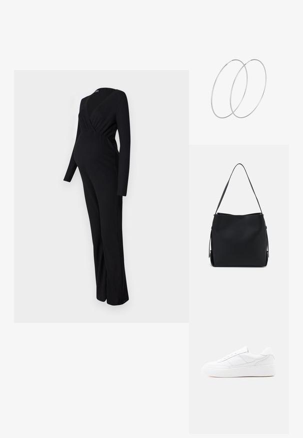 ONLY MATERNITY OLMLITA EMMA - Buksedragter - black; Hvid lavtop-sneaker med tyk sål, snørelukning og diskrete syningsdetaljer på en ensfarvet lys baggrund.; Pieces PCBONY - Håndtasker - black; Sølvøreringe med et minimalistisk design. Cirkulær form, glat tekstur og tynd profil. Letvægtige med en poleret overflade.