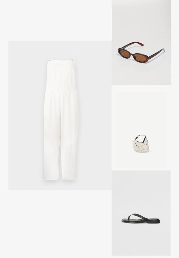 Combinaison blanche sans manches avec fines bretelles, encolure carrée, poche poitrine avant et pantalon à jambes larges.; Tongs noires en cuir lisse, avec un design de sangle fine et une semelle plate à profil minimal. Aucun motif ou accent notables.; Lunettes de soleil rondes teinte brun avec une monture bordeaux brillante. Branches fines avec un détail de marque subtil. Design de verres plats.; Petit sac à main blanc avec des taches marron, forme triangulaire arrondie, doublure intérieure noire et bandoulière courte réglable avec boucle argentée.