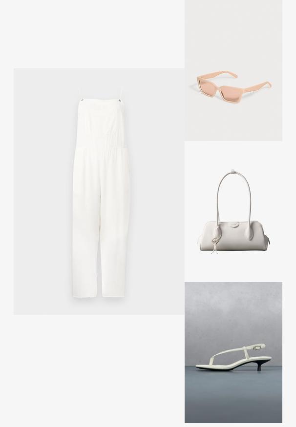 Combinaison blanche sans manches avec fines bretelles, encolure carrée, poche poitrine avant et pantalon à jambes larges.; Sandale blanche à talon kitten avec des lanières et un bout pointu, flottant au-dessus d'un sol en carrelage en bois en plein air avec un arrière-plan flou de plante et de mur.; Lunettes de soleil rectangulaires couleur pêche clair avec montures épaisses et verres teintés assortis sur un fond uni clair.; Sac à bandoulière blanc Calvin Klein avec longues poignées, forme rectangulaire, fermeture éclair et charm logo décoratif suspendu près de la poignée.