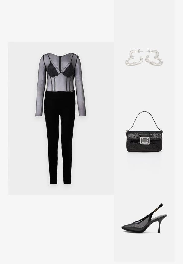 Sort mesh bodysuit med lange ærmer, lagd over en sort elegant bund. Bemærkelsesværdige underwire-detaljer og lynlås lukning bagpå.; Sort spids slingback højhælet sko med meshpaneler og en guldbøjle på ankelremmen, vist på hvid baggrund.; Sort pailletteret håndtaske med en rektangulær akryllås og et enkelt håndtag. Den har en glat tekstur og en kompakt rektangulær form.; Sølvfarvede øreringe med et bølget, abstrakt design prydet med små, funklende krystaller. Sikret med en studs baglukning.