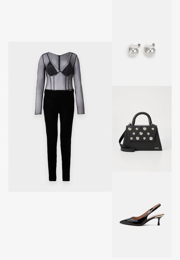 Schwarzer Netz-Body mit langen Ärmeln, über einem schwarzen, eleganten Unterteil geschichtet. Auffällige Unterwäschenelemente und Reißverschlussverschluss am Rücken.; Schwarzer Lackleder Slingback-Pumps mit spitz zulaufender Kappe und niedrigem Katzenabsatz auf weißem Hintergrund.; Schwarze Handtasche mit strukturiertem Design, ausgestattet mit einem oberen Griff, einem Schultergurt und dekorativen metallischen Nieten auf der Vorderseite.; Silberne Tropfohrringe mit abgerundeten, reflektierenden Oberflächen; minimalistisches Design mit glatter Textur und subtilen Brandingdetails.