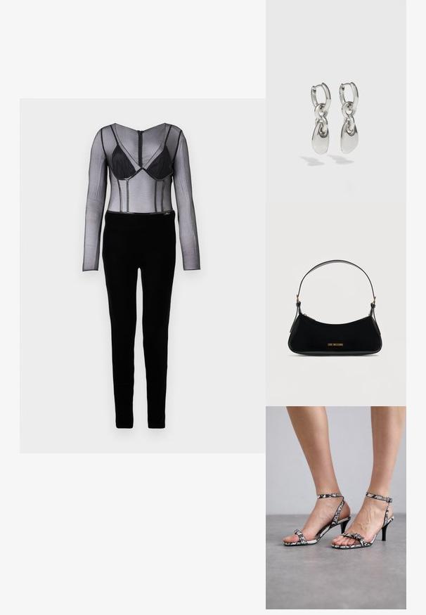 Bodysuit de malla negra con mangas largas, superpuesto sobre un fondo negro elegante. Destacan los aros de soporte y el cierre de cremallera en la parte posterior.; Sandalias de tacón alto con estampado de piel de serpiente en blanco y negro, con tiras delgadas y un pequeño detalle de hebilla. El tacón es esbelto y puntiagudo.; Bolso de hombro de charol negro con forma curva, logo dorado "LOVE MOSCHINO" en el frente, y correa ajustable con herrajes dorados.; Pendientes de aro de plata con enlaces ovalados alargados, con un acabado pulido y un colgante con textura. Diseño sencillo con bordes suaves.