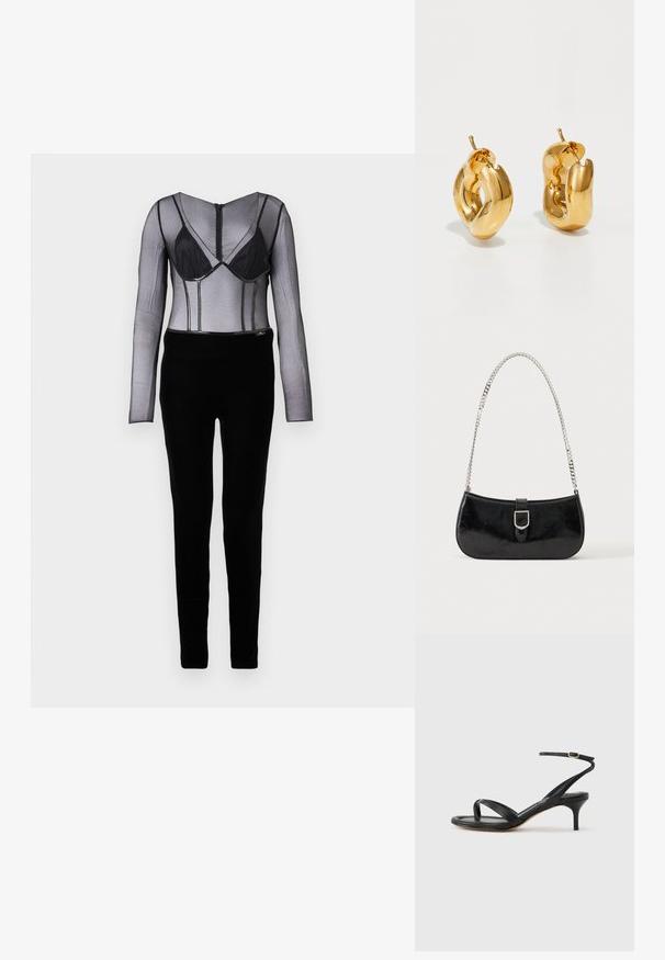 Sort mesh bodysuit med lange ærmer, lagd over en sort elegant bund. Bemærkelsesværdige underwire-detaljer og lynlås lukning bagpå.; Sort damesandal i læder med tynde remme, en tå-loop, ankelspænde og en mellemhøj stiletthæl på en neutral baggrund.; Sort skuldertaske i laklæder med sølv spænde og sølv kæderem, vist mod en ensartet lys baggrund.; Chunky guld hoop øreringe med et let snoet, rørformet design og postsystem bagpå, på en hvid baggrund.