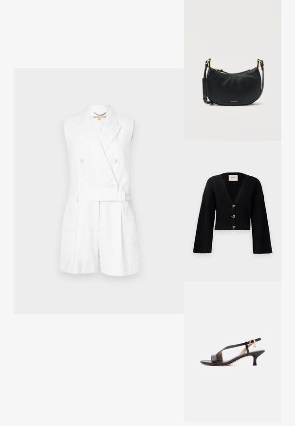 Combinaison sans manches blanche avec un design croisé, de grands boutons et une taille ceinturée, de style court taillé avec des lignes épurées.; AERON MORROW - Gilet - black; Sandale à talon kitten en cuir noir avec bout ouvert, bride diagonale, boucle à la cheville et petit charm en or sur fond blanc.; Sac à bandoulière en cuir noir en forme de croissant, avec une sangle ajustable, une fermeture éclair dorée et un petit logo doré "Coccinelle" sur le devant.