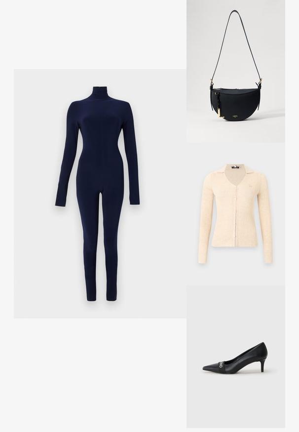 Marineblauwe bodysuit met lange mouwen en een hoge hals. Gemaakt van rekbaar materiaal voor een aansluitend design. Naadloze silhouet zonder zichtbare sluitingen.; Beige geribbelde cardigan met lange mouwen, V-hals, knoopsluiting aan de voorkant, klein geborduurd dierenlogo op de linkerborst en een klassieke kraag.; Zwarte hoge hak schoen met een spitse neus, van leer gemaakt, en een voorste band met branding. Slanke hak en een gladde textuur.; Zwarte leren schoudertas in halve maanvorm, met een textuurafwerking, gouden hardware accenten en een verstelbare schouderband. Heeft een ritsluiting.