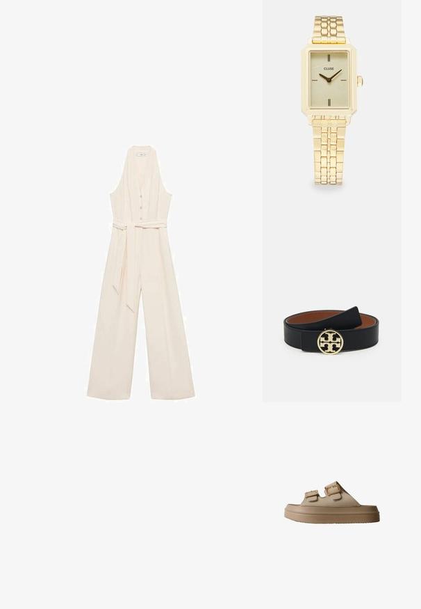 Cremefarvet jumpsuit med dyb V-udskæring, knaplukning foran, brede ben og et matchende taljebælte for en skræddersyet silhuet.; Beige slide-sandal med to brede remme, hver med en guldbuksespænde, på en tyk, tekstureret sål.; Guldrammet firkantet armbåndsur med en struktureret lysegrøn urskive, to sorte time markører, et guldmetal armbånd og et minimalistisk design.; Sort læderbælte med tekstureret overflade, udstyret med en rund guldfarvet spænde prydet med et logo. Justerbart med brun indvendig foring.