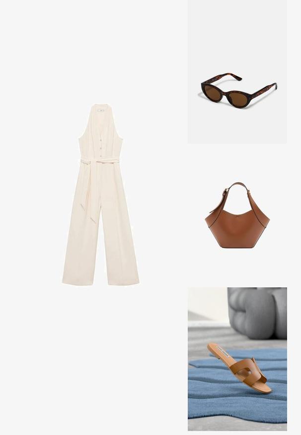Cremefarvet jumpsuit med dyb V-udskæring, knaplukning foran, brede ben og et matchende taljebælte for en skræddersyet silhuet.; Brun flad slidesandal med udskæringsdesign, lavet af glat materiale. Har en lys tanfarvet sål og en label på indersålen.; Brune skildpadde solbriller med en vintage katteøje-form og brune linser. Har buede arme med røde detaljer.; Brun læderhåndtaske med bred buet form, enkelt justerbart bånd og syede kanter på hvid baggrund.