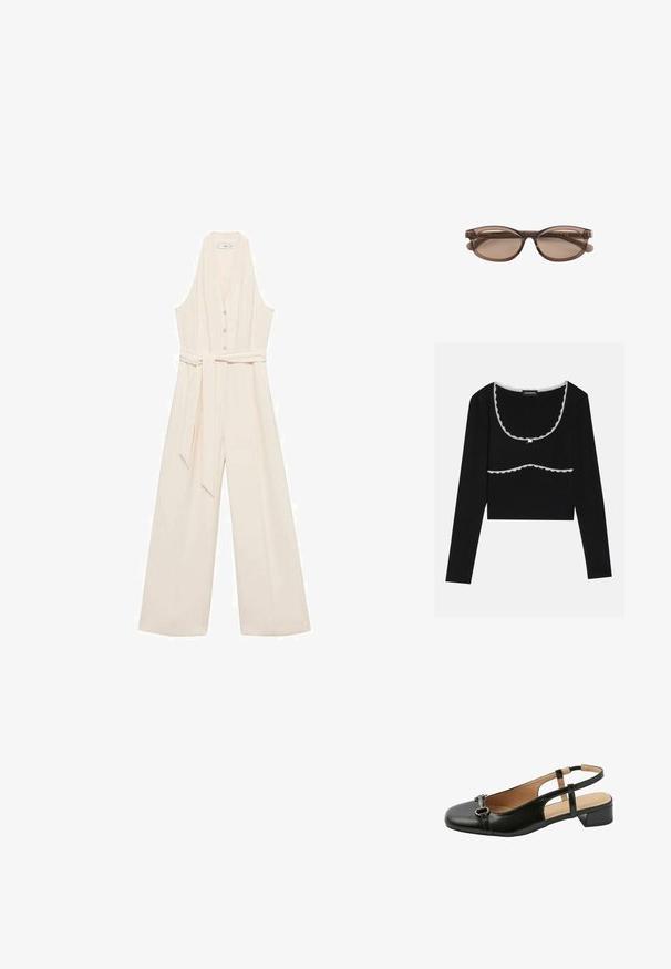 Crème jumpsuit met een diepe V-hals, knoopsluiting, wijd uitlopende pijpen en een bijpassende tailleband voor een getailleerde silhout.; Zwarte geribbelde lange mouw top met een brede ronde halslijn en witte kantafwerking langs de randen, met een decoratieve knoopdetail in het midden.; Zwarte leren slingback schoen met lage blokhak en zilveren metalen gespdetail op het ronde teengebied.; Bruine doorschijnende ovale zonnebril met getinte glazen en smalle pootjes geplaatst tegen een witte achtergrond.