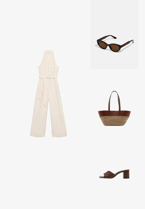 Cremefarvet jumpsuit med dyb V-udskæring, knaplukning foran, brede ben og et matchende taljebælte for en skræddersyet silhuet.; Brun mule-sandal med vævet læderoverdel, åben tå og blokhæl på hvid baggrund.; Brune skildpadde solbriller med en vintage katteøje-form og brune linser. Har buede arme med røde detaljer.; Brun læder- og flettet stråtaske med to lange håndtag og hvide syninger på læderkantningen.
