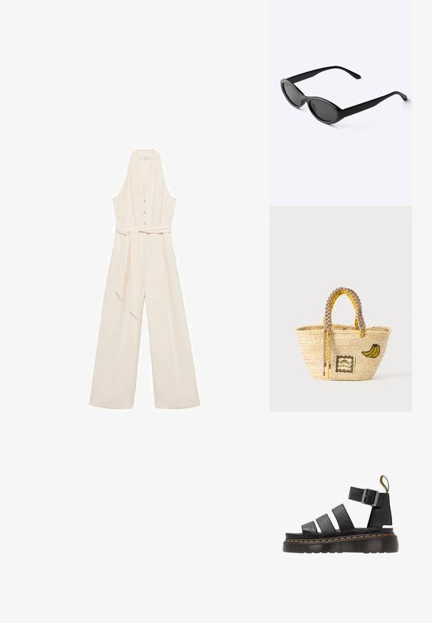 Cremefarvet jumpsuit med dyb V-udskæring, knaplukning foran, brede ben og et matchende taljebælte for en skræddersyet silhuet.; Sort lædersandal med tre brede stropper, justerbar metalspænde, tyk struktureret sål og orange syning langs kanten.; Slanke sorte ovale solbriller med mørke linser og lige arme, hvilende på en hvid overflade.; Flettet stråtaske med flettede gule og beige håndtag, dekoreret med banan-patch og lille indrammet fiske-design foran.