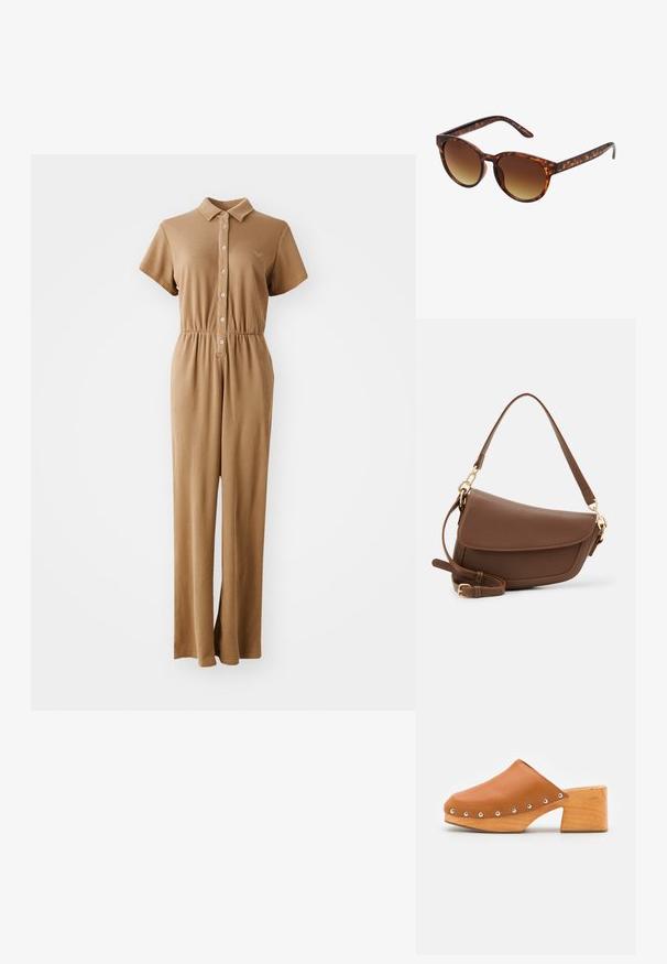 Une combinaison en kaki à côtes avec des manches courtes, un devant boutonné, un col, une taille élastique et des jambes larges. Le tissu a une finition texturée.; ASRA JUDE - Sabots - spice tan; Lunettes de soleil écaille de tortue avec une forme vintage œil de chat, verres dégradés marron et finition lisse et brillante sur les montures et les branches.; Sac à épaule en cuir marron avec une finition texturée, forme courbée, quincaillerie dorée, bandoulière réglable et fermeture à rabat.
