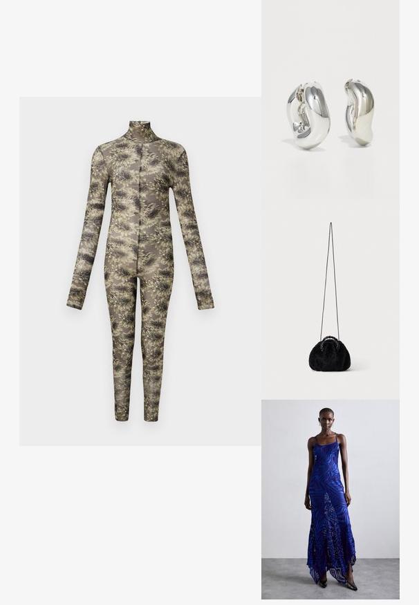 Langærmet, tætsiddende bodysuit i gennemsigtigt stof med et blomstermønster i beige og mørke nuancer, der har høj hals og lange ben.; Blå og lilla dyreprint maxi kjole med tynde stropper, en tætsiddende bodice, flagrende kant og gennemsigtig overlay-detaljering.; Lille sort taske i kunstpels med flettede top-håndtag og lang tynd skulderrem på ensfarvet baggrund.; Sølvskulpturelle øreringe med glatte, buede former og reflekterende overflader. Har et lukket hoop-design og en markant organisk form.