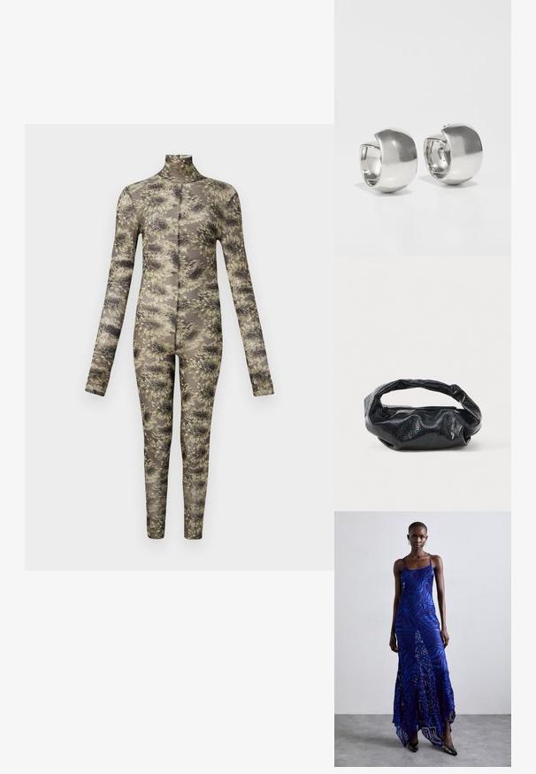 Langærmet, tætsiddende bodysuit i gennemsigtigt stof med et blomstermønster i beige og mørke nuancer, der har høj hals og lange ben.; Blå og lilla dyreprint maxi kjole med tynde stropper, en tætsiddende bodice, flagrende kant og gennemsigtig overlay-detaljering.; Sort taske lavet af blankt, tekstureret materiale med et cirkulært, snoet håndtag og lynlås. Har et blødt, rynket design.; Uncommon Matters SCULPTURAL LARGE CREOLE - Øreringe - silver-coloured