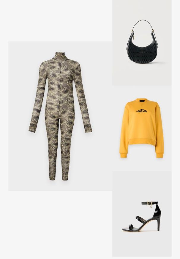 Langærmet, tætsiddende bodysuit i gennemsigtigt stof med et blomstermønster i beige og mørke nuancer, der har høj hals og lange ben.; Gul sweatshirt med lange ærmer og rund hals. Har et sort logo på fronten. Fremstillet af blødt, struktureret stof. Beskåret kant.; Sorte patenterede lædersandaler med tre stropper, ankelspænde og 10 cm stiletthæl. Har detaljer i guld og et logo charms.; Sort halvmåneformet læderhåndtaske med cirkulære udskæringer, guldlogo "COCCINELLE," enkelt håndtag og lynlåslukninger på hver side.
